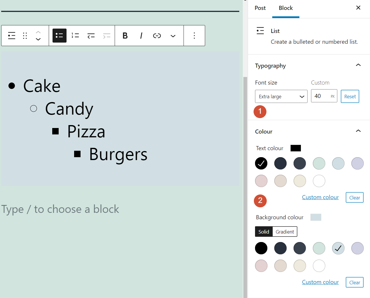 Changing the font size and colors for your List block
