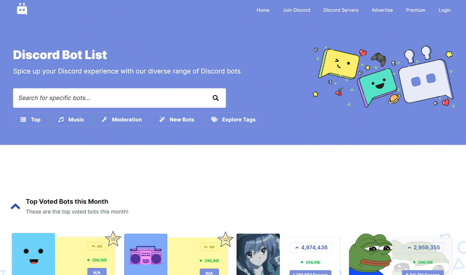 A screenshot of Discord's searchable bot database on their website.