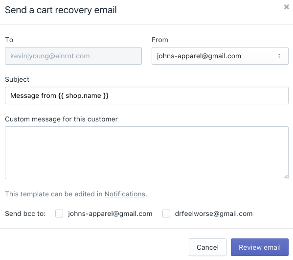 Shopify abandoned cart email