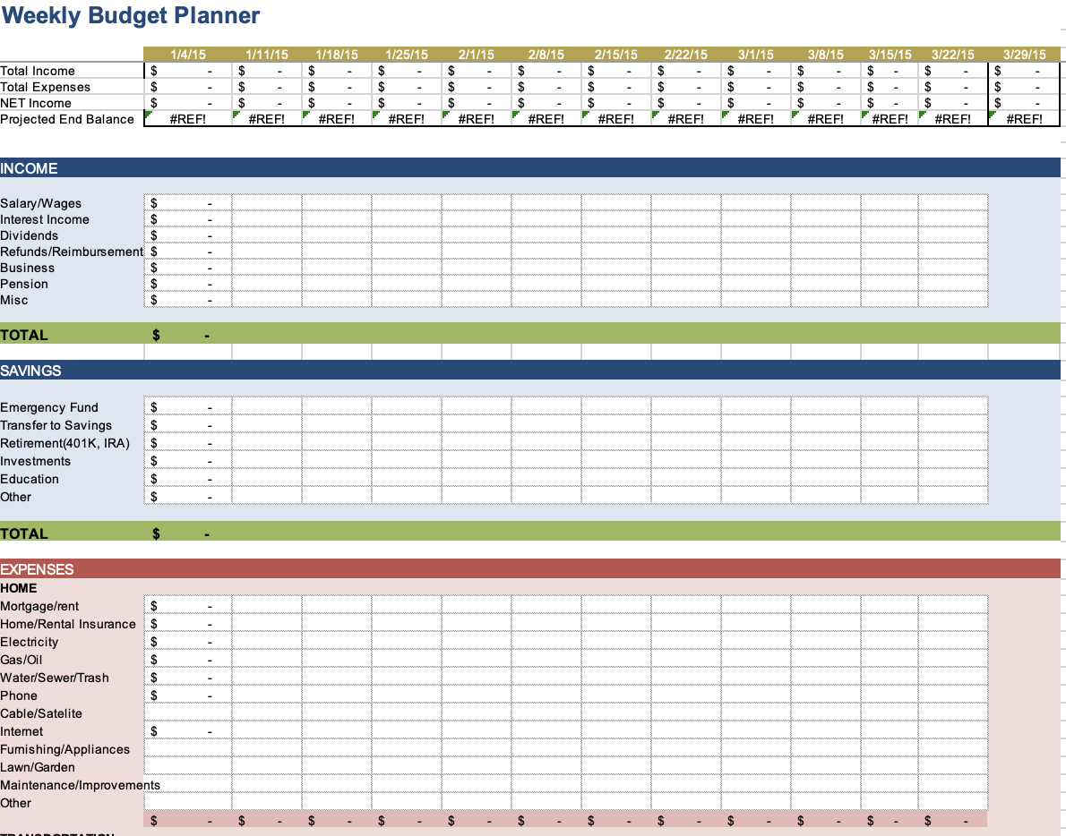 Weekly budget planner for Microsoft Excel