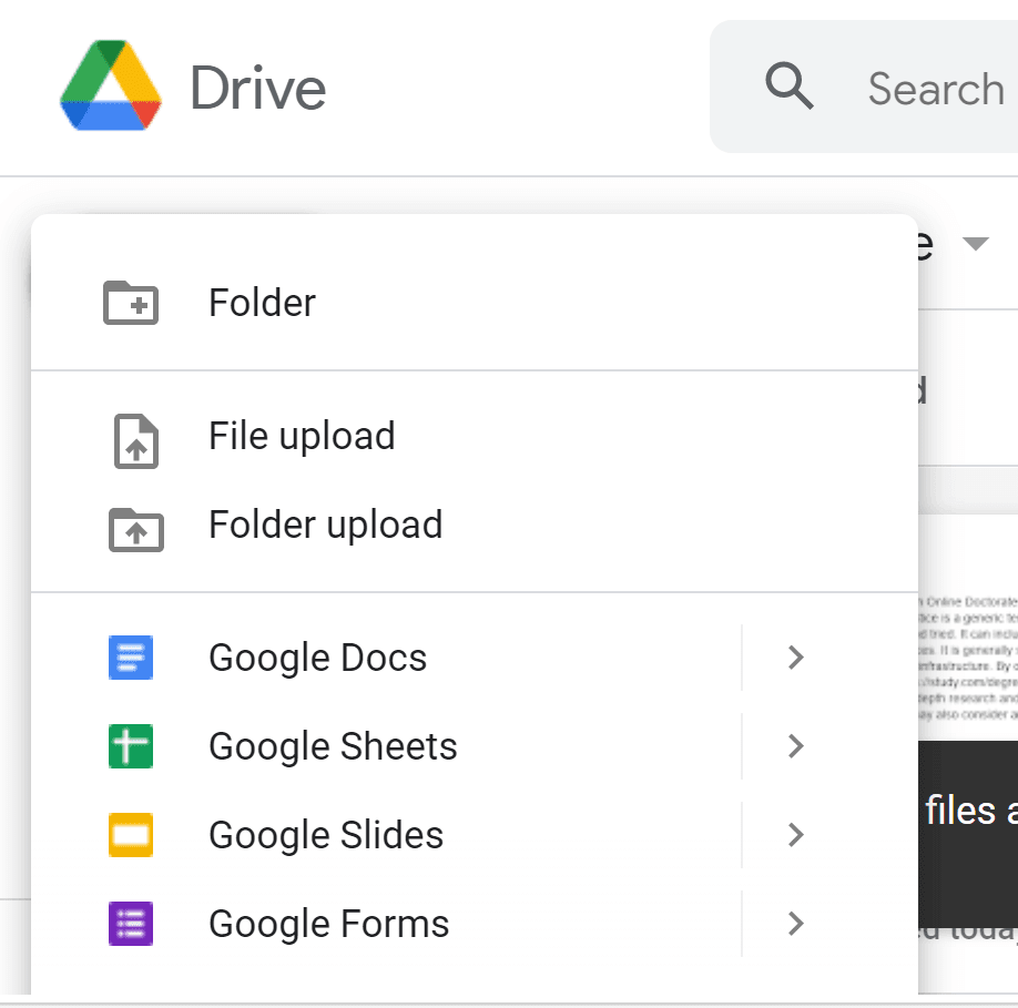 A screenshot of the Google Drive "New" menu, including such options as "Folder," "File upload," and "Folder upload."