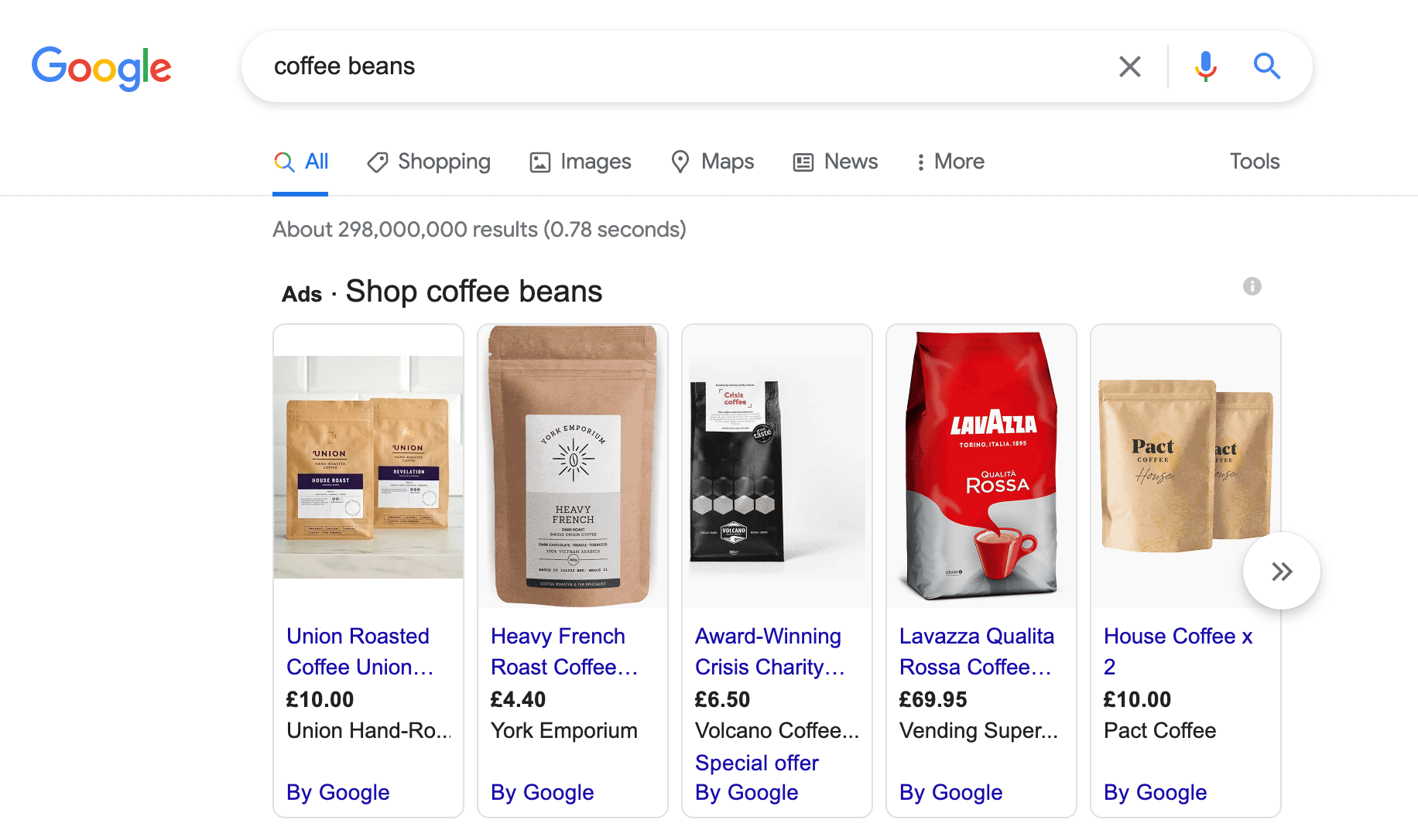 A range of product search results. 