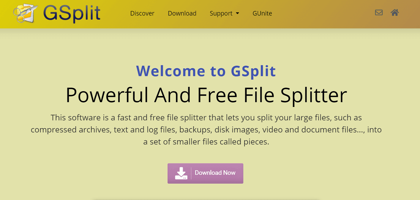The homepage for GSplit, showing the text "Welcome to GSplit: Powerful and Free File Splitter."