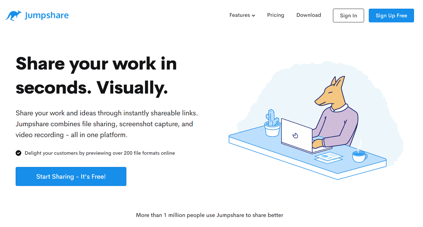 The homepage for Jumpshare, showing the text "Share your work in seconds. Visually."