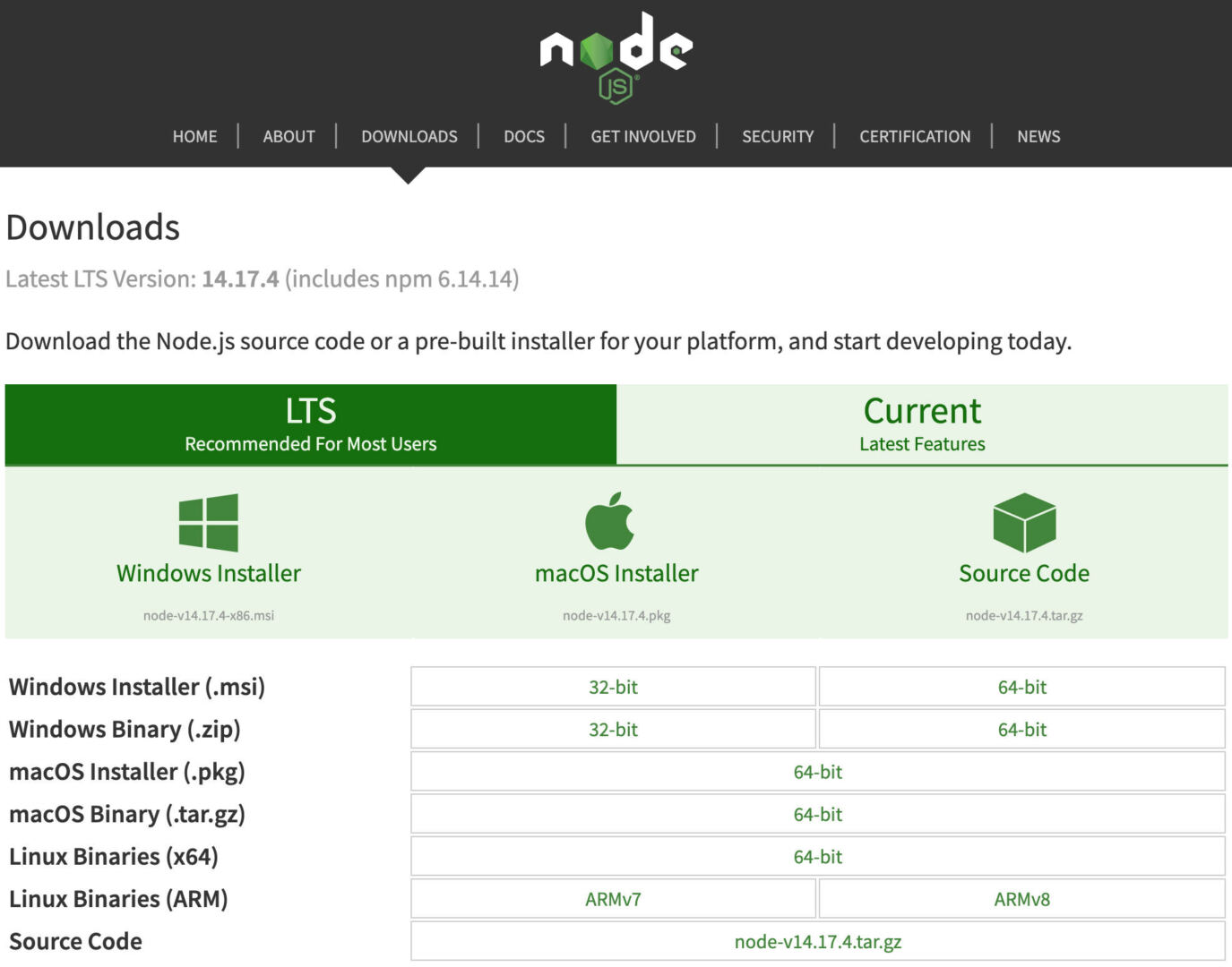 Node.js Downloads page.