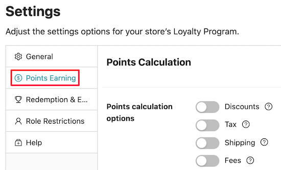 Points earning settings