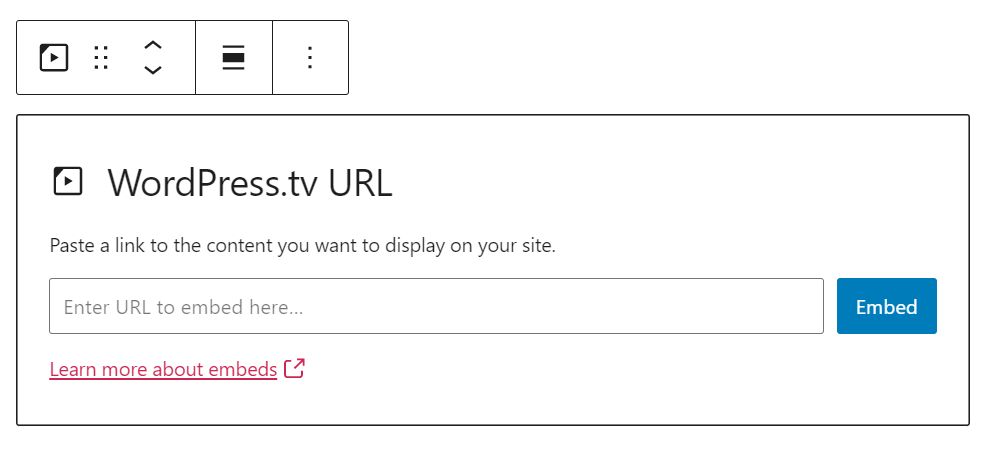 The URL box for a WordPress.tv embed block.