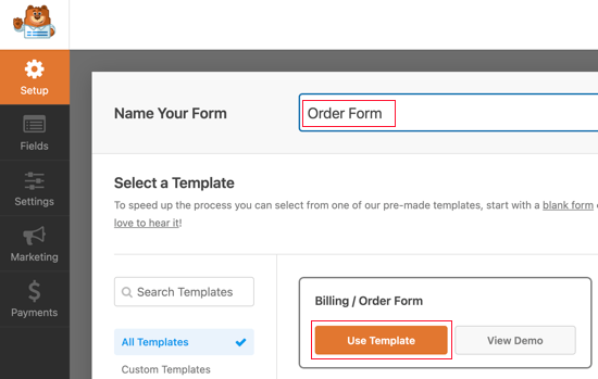 Select the ‘Billing / Order Form’ Template