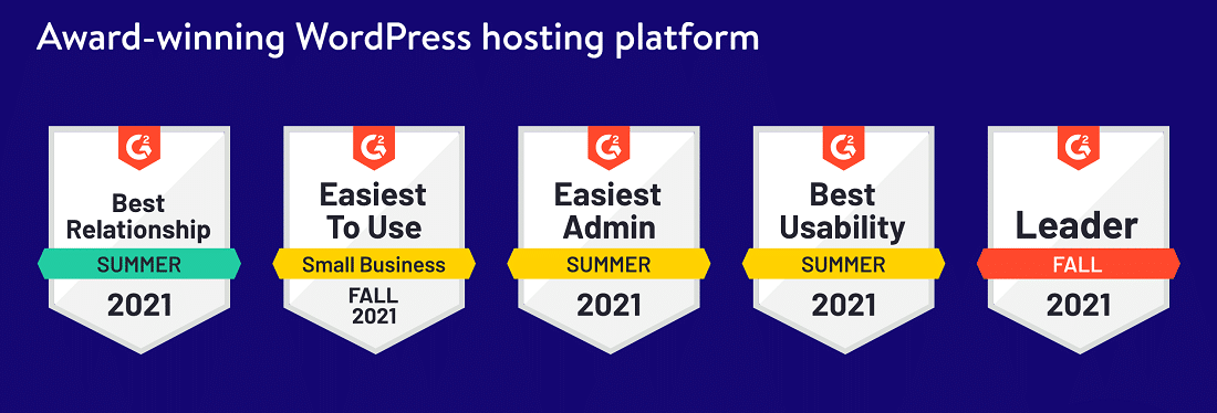 Kinsta's badges from G2 Crowd for hosting platform category.