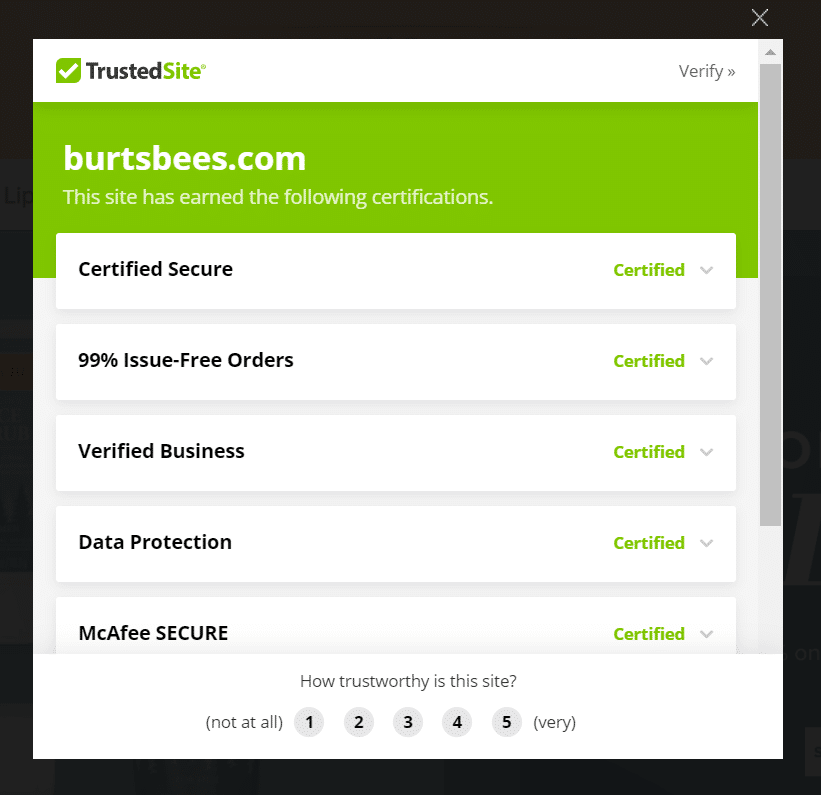 Example of a trust badge pop-up powered by TrustedSite on BurtsBees.com.