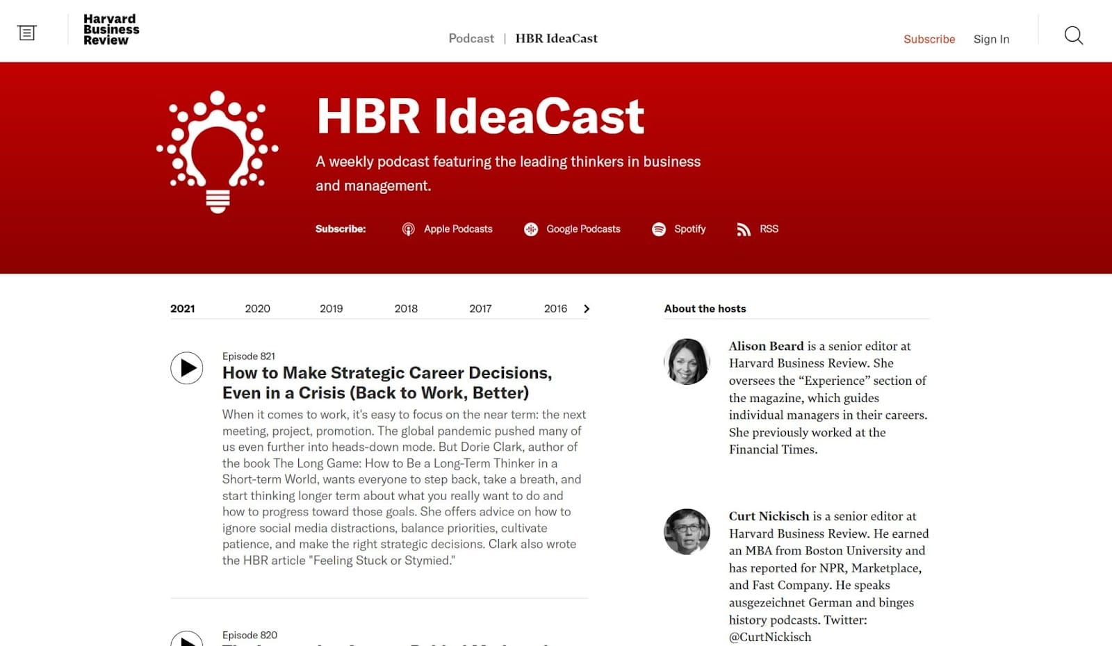 Screenshot of the HBR IdeaCast podcast homepage