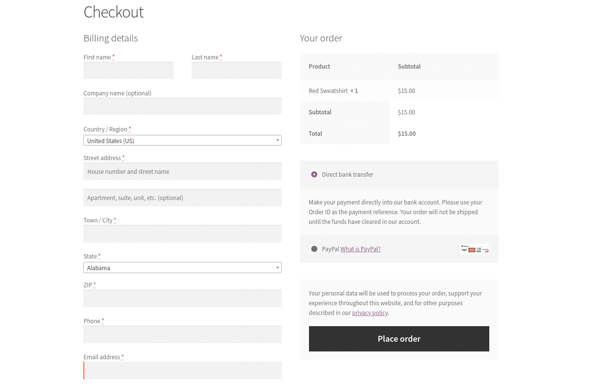 WooCommerce's default checkout page with a form for billing details.