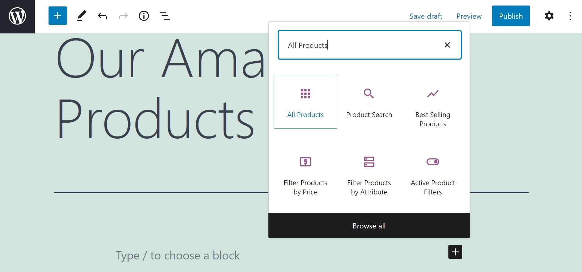 Adding the All Products Embed Block in WordPress