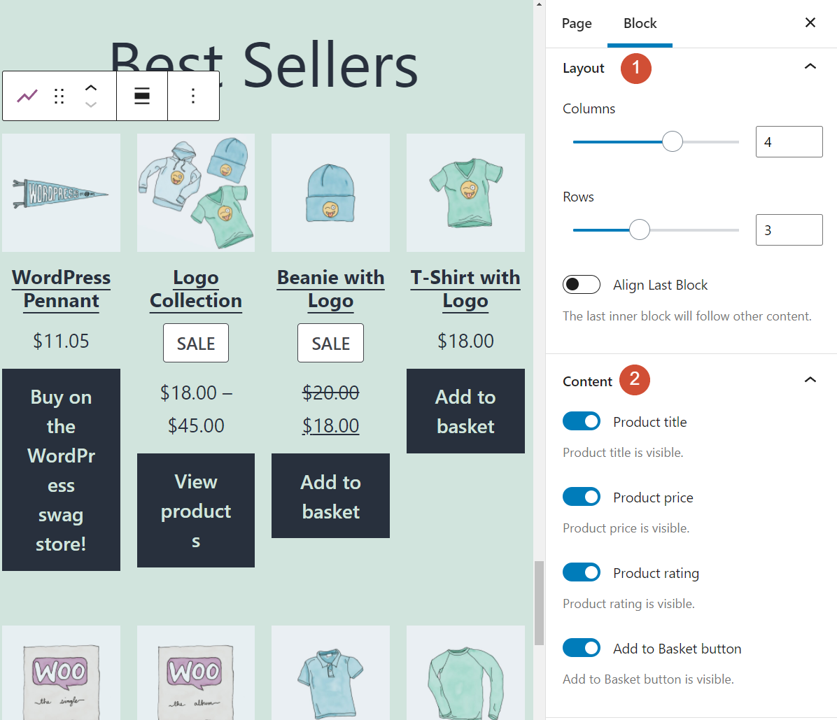 The settings for the best selling products block in WooCommerce