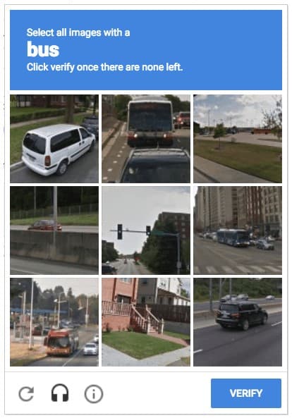 A CAPTCHA challenge asking you to "Select all images with a bus".