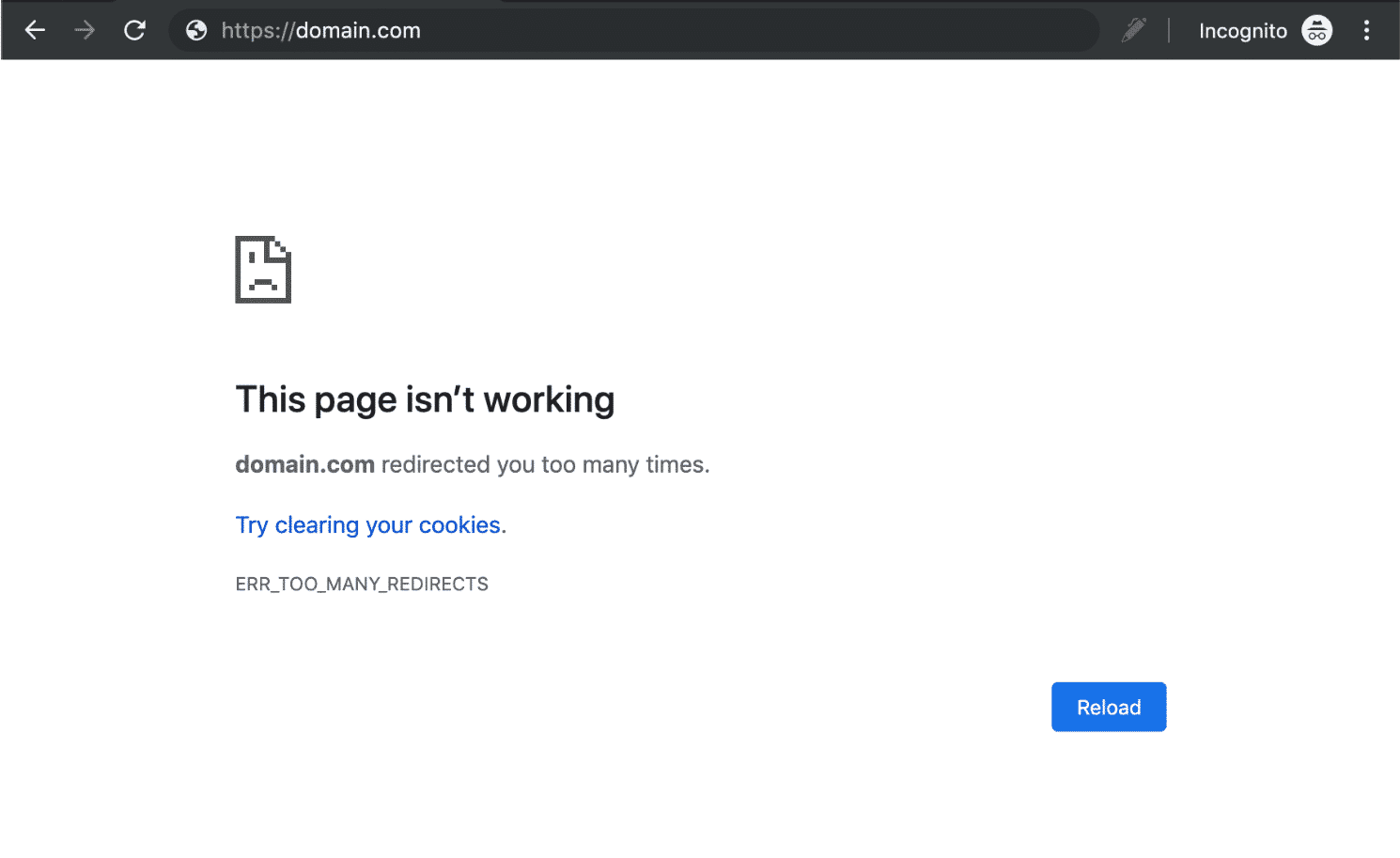 The Chrome ERR_TOO_MANY_REDIRECTS error message, with the text 