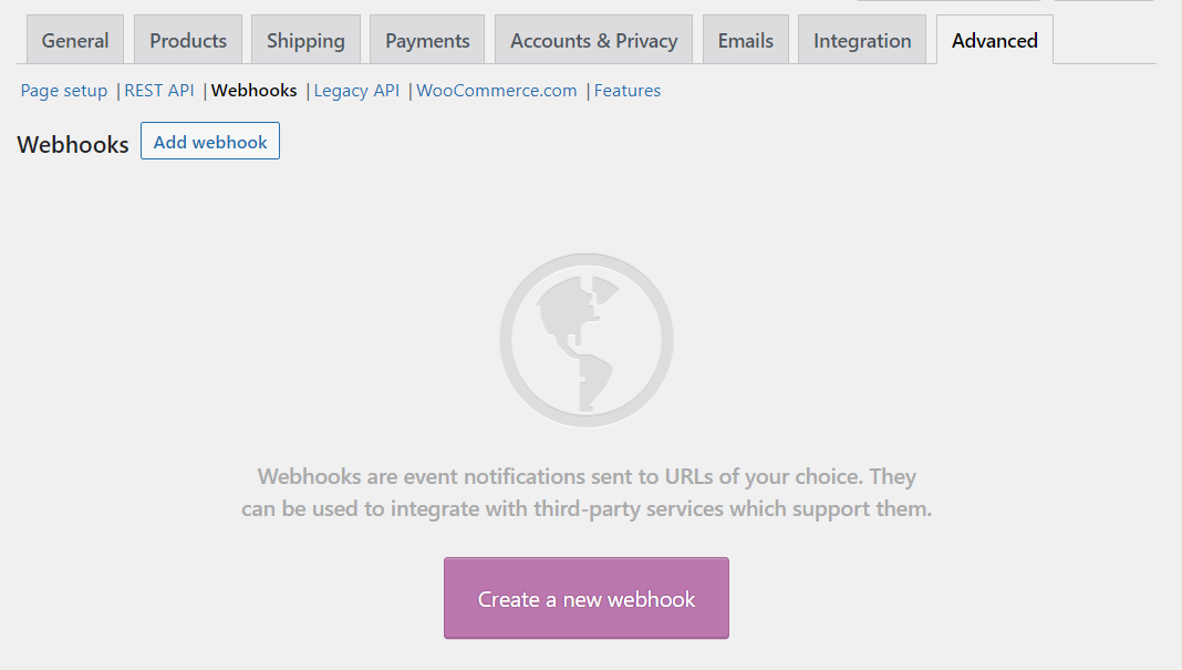 Creating a new webhook in WooCommerce