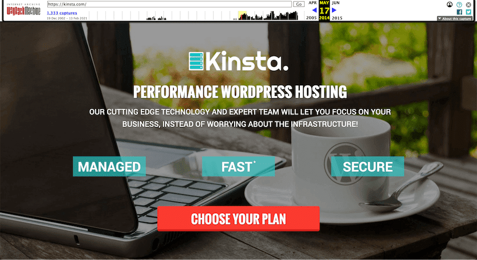 A screenshot of the 2014 Kinsta website on the Wayback Machine.