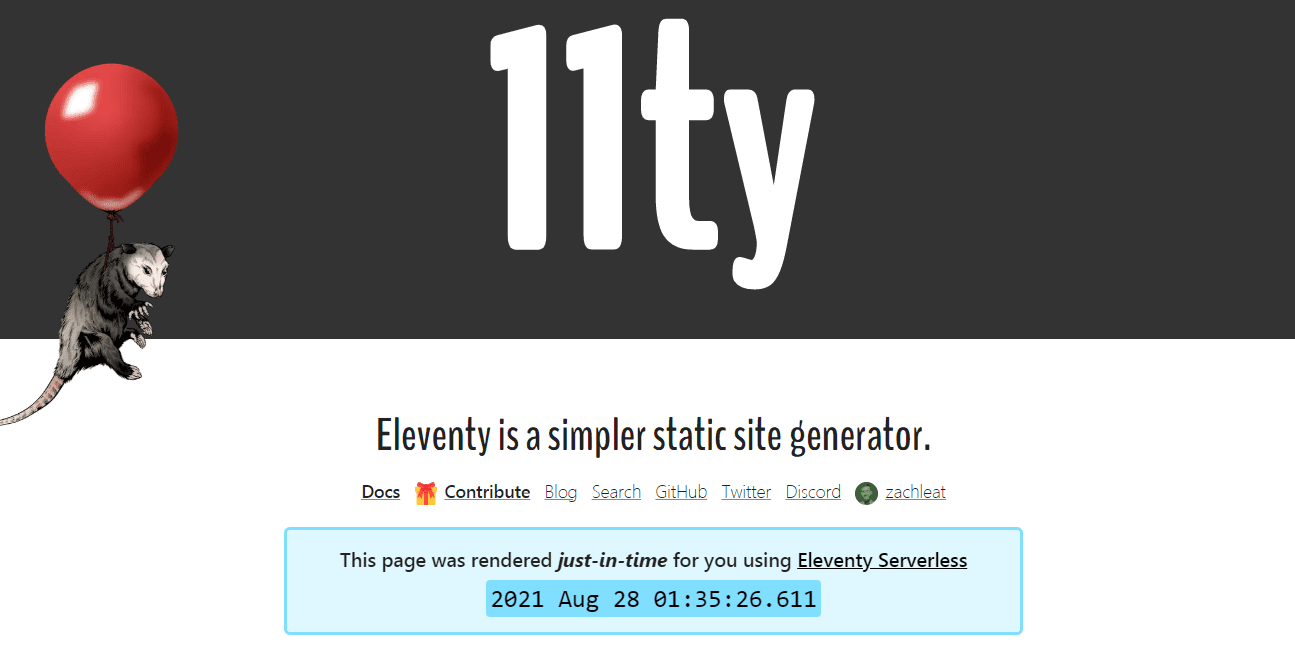 The Eleventy static site generator homepage with the headline "Eleventy is a simpler static site generator."