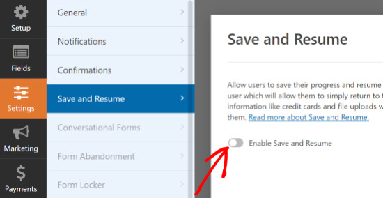 Enable save and resume settings