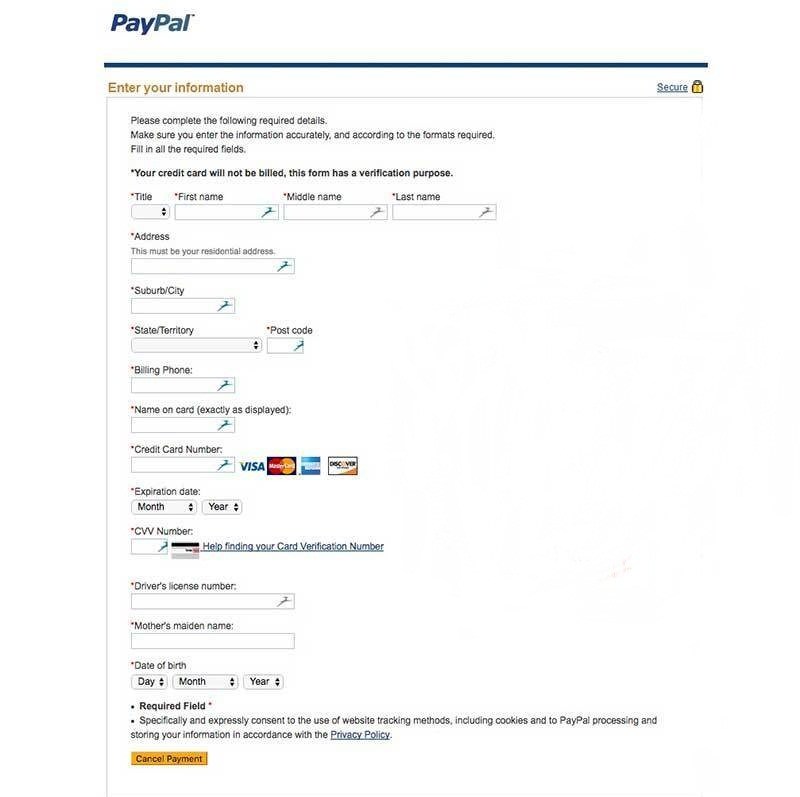 fake PayPal sign up form