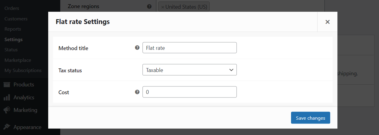 Flat rate shipping WooCommerce settings
