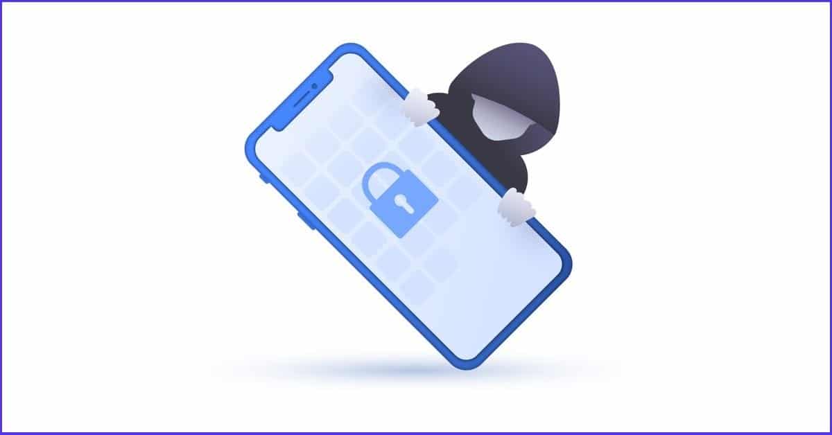 A shadowy figure peeking out from behind a cell phone with a padlock on its screen.