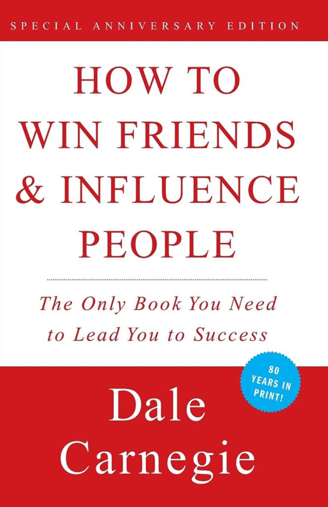 Cover of the book How to Win Friends and Influence People by Dale Carnegie with the title in red text. 