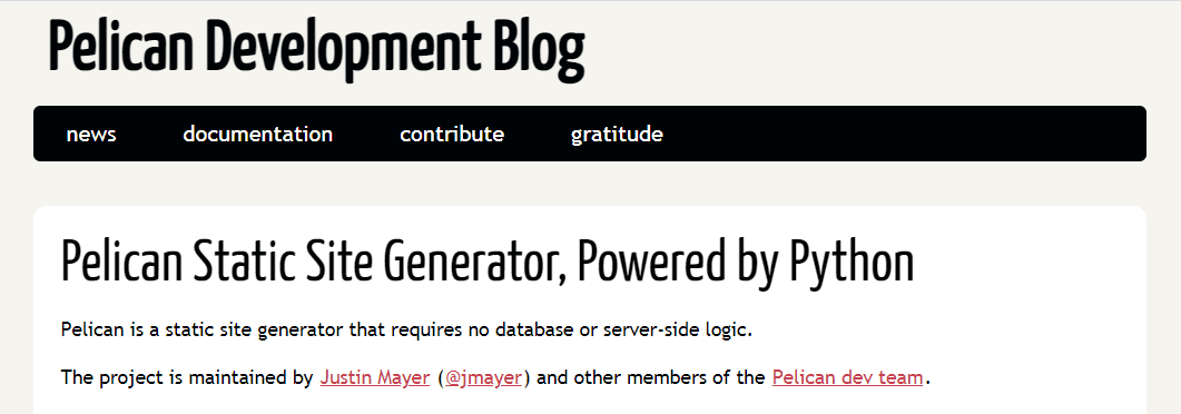 The Pelican static site generator blog page with the headline "Pelican Static Site Generator, Powered by Python".