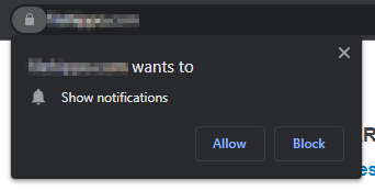 A push notification saying "This site wants to show notifications," with two buttons for "Allow" and "Block".