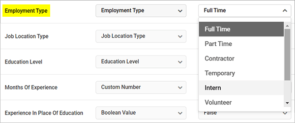 Schema - Employment Type dropdown options.