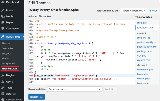 Editing functions.php in the Theme Editor