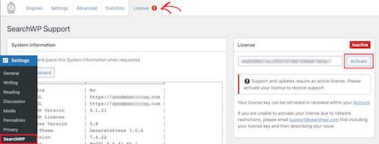 Enter SearchWP license key