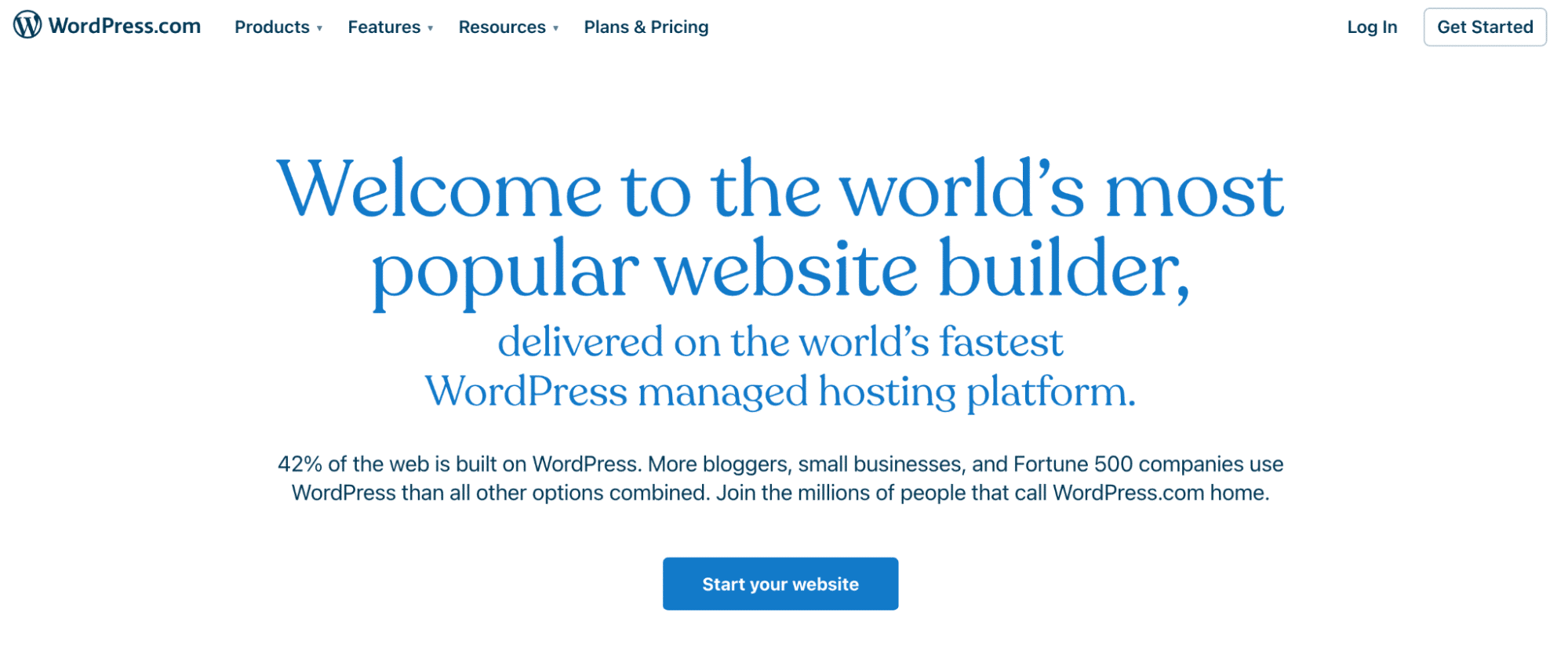 A screenshot of the WordPress.com homepage with blue text on a white background saying 