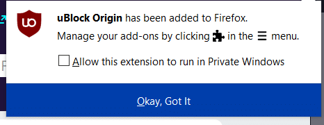 Firefox extension installation message