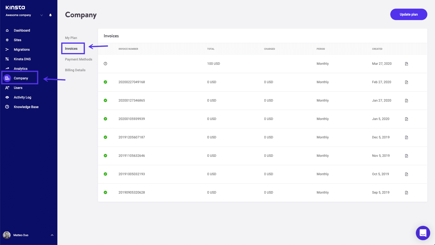 Invoices on the MyKinsta dashboard