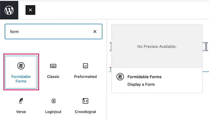 Add Formidable Forms block