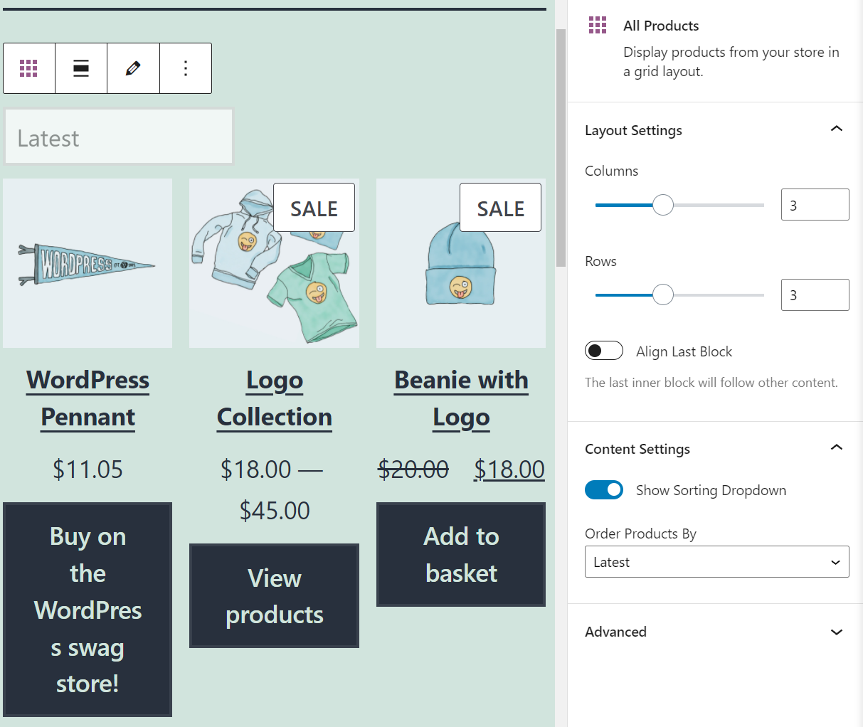 Configuring the All Products WooCommerce block