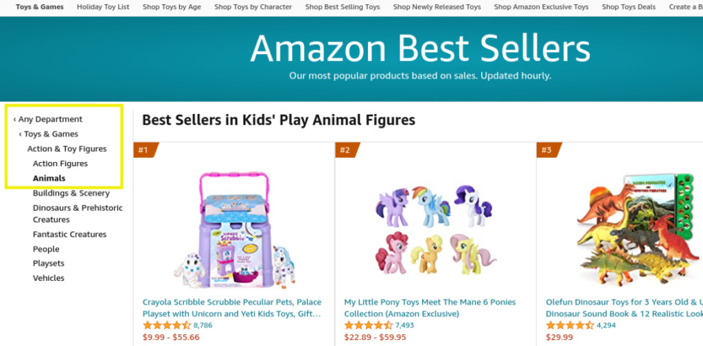 The toy section of the Amazon website.