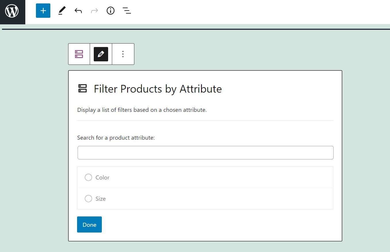 Choosing the attribute in the Filter Products by Attribute WooCommerce blocks
