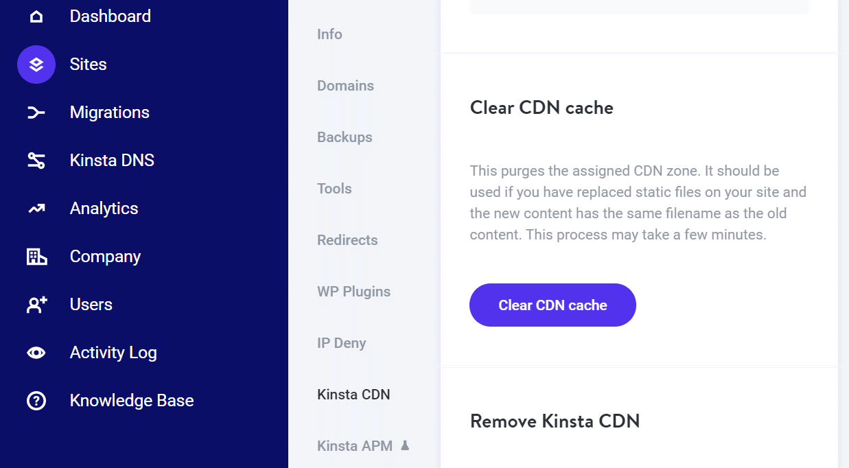 Clear the CDN cache in the MyKinsta dashboard