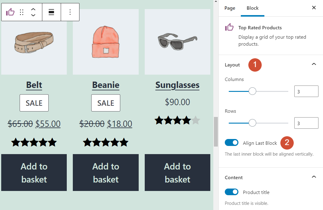 Configuring the Top Rated Products block's layout in WooCommerce
