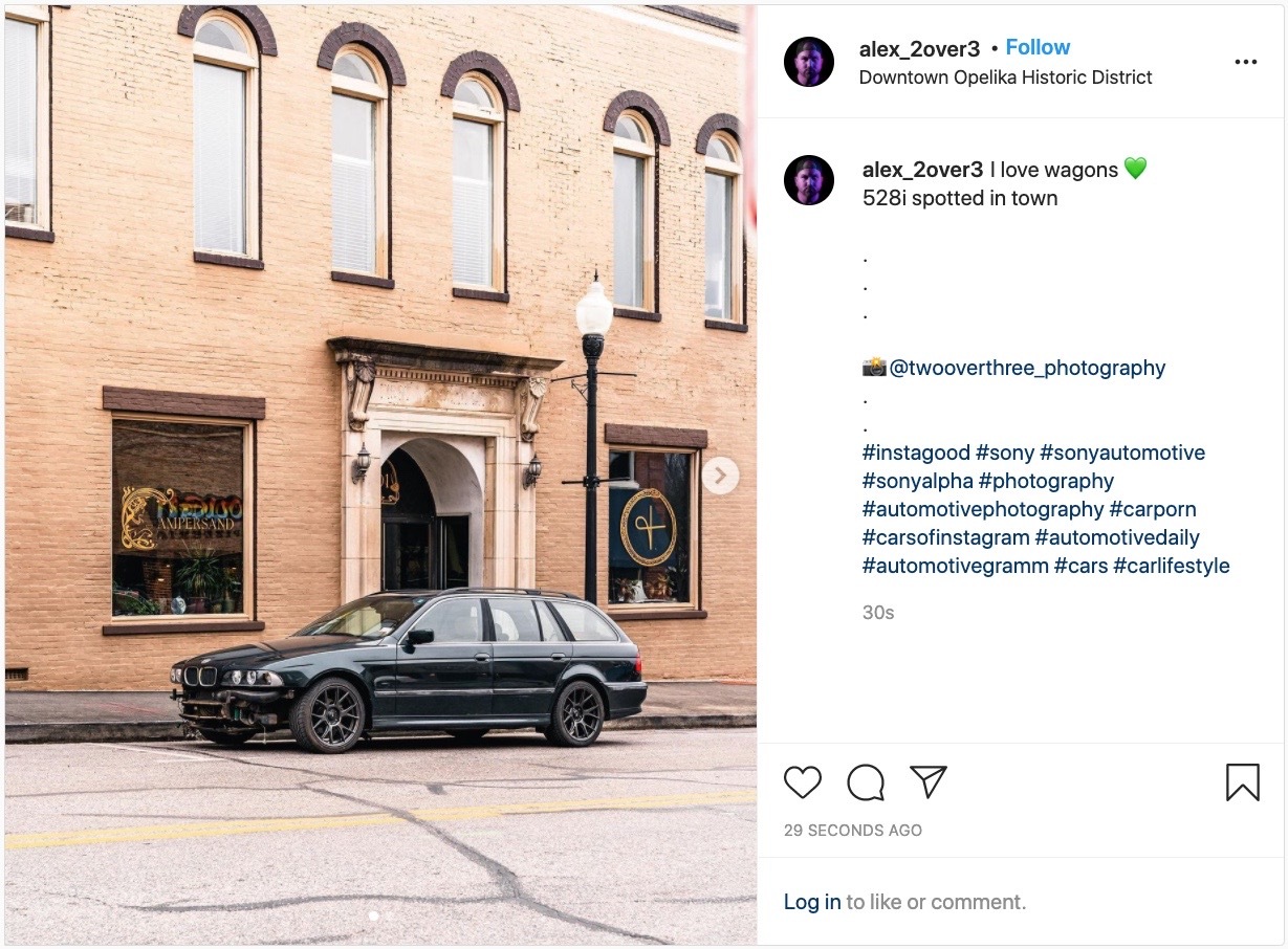 Instagram post with the photo of a car and the hashtag #instagood