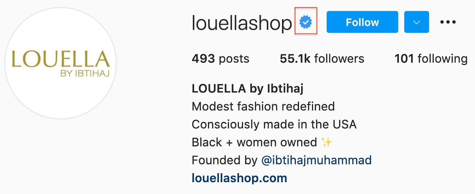 Example of Instagram verification page on @LouellaShop account