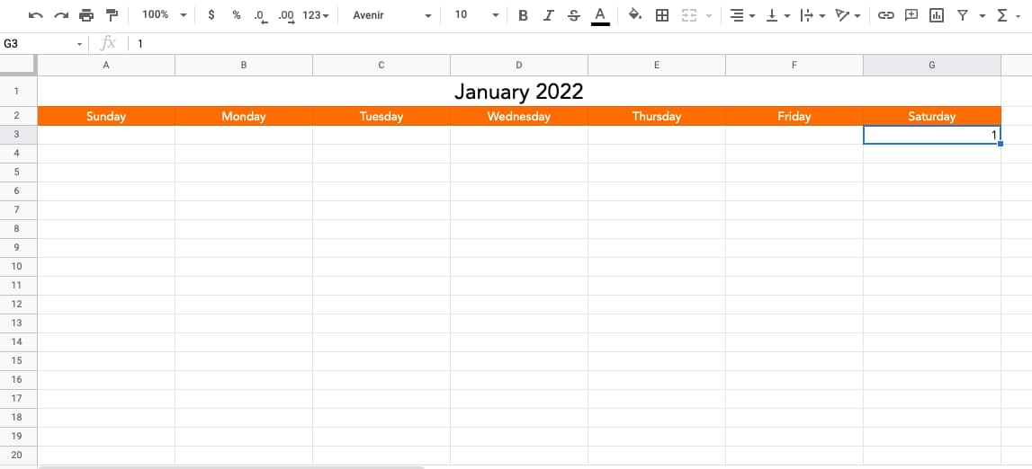 Putting the first day of the month in a Google Sheets calendar