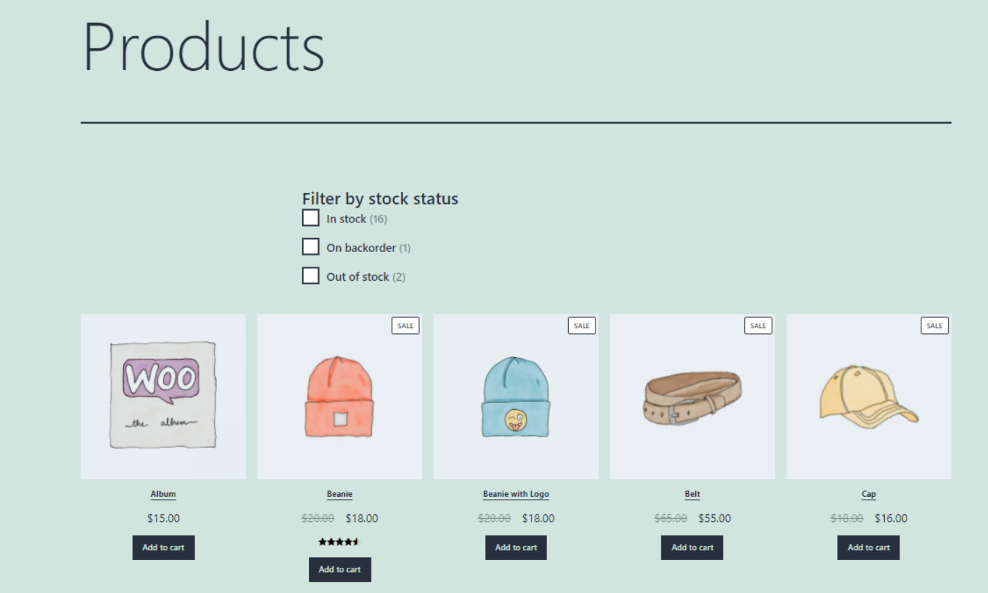 A preview of the Filter Product by Stock block on the front end.