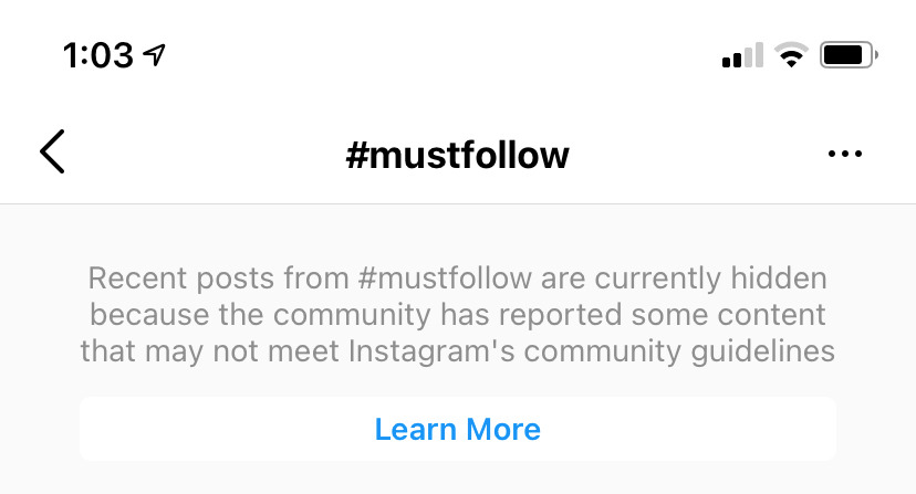 Banned hashtag message on Instagram for #mustfollow hashtag 