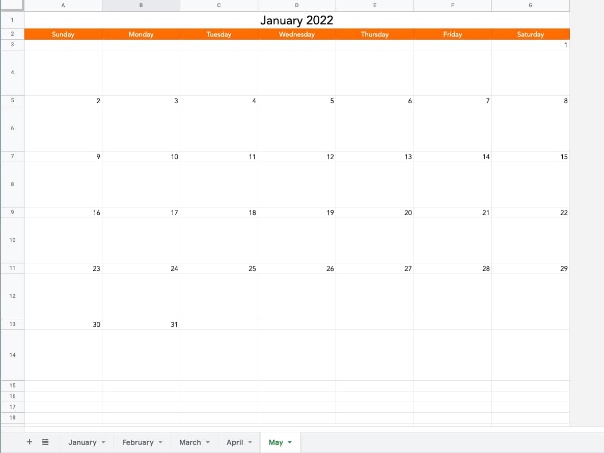 Google Sheets calendar January to May