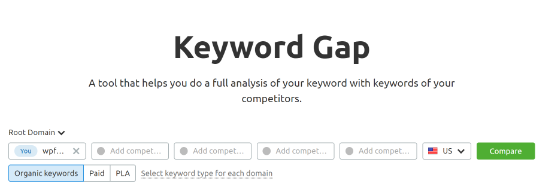Keyword gap tool in Semrush