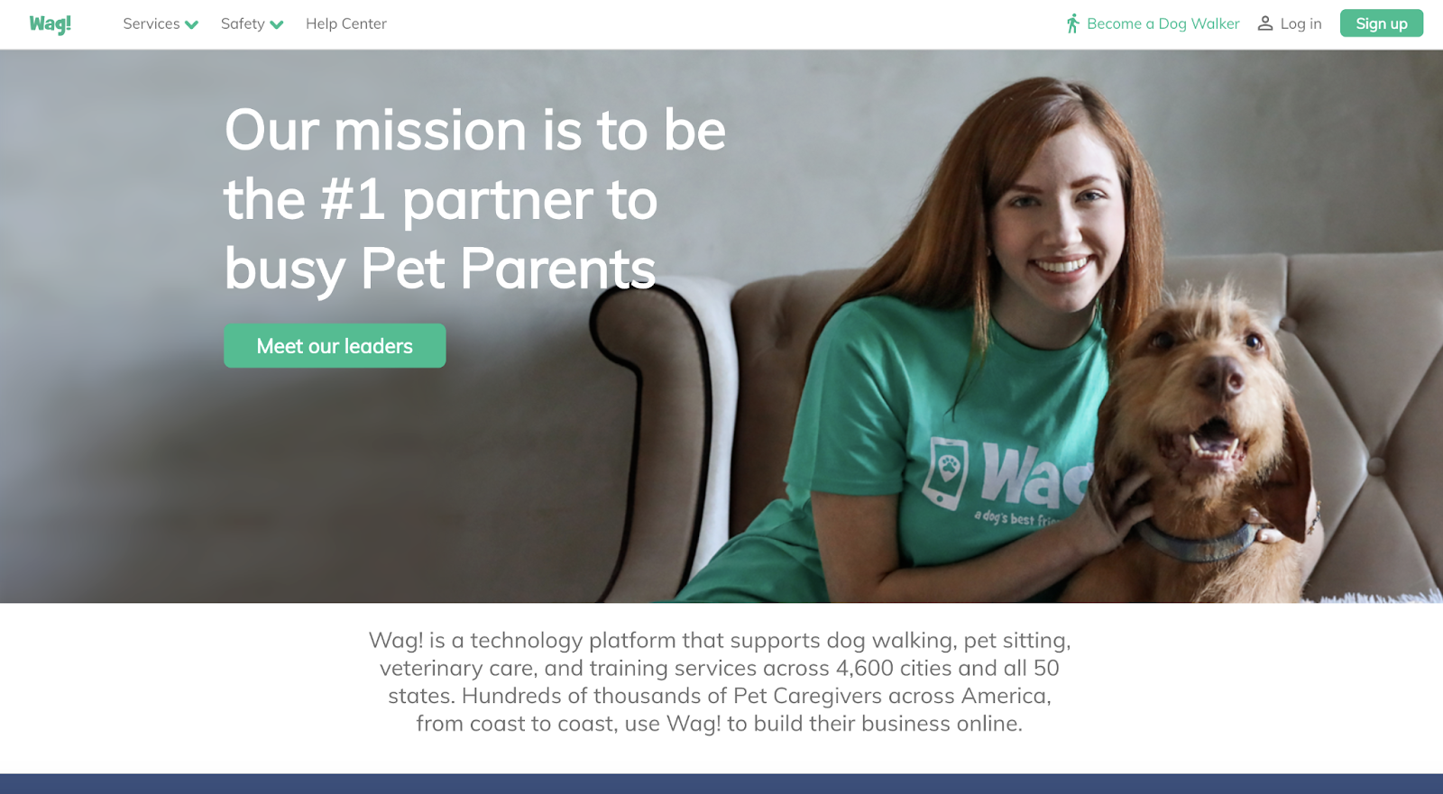 Wag shares its mission at the top of its About Us page.